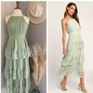 ❤️ Lulus Came For Cocktails Sage Green Pleated Tiered Lace Maxi Dress